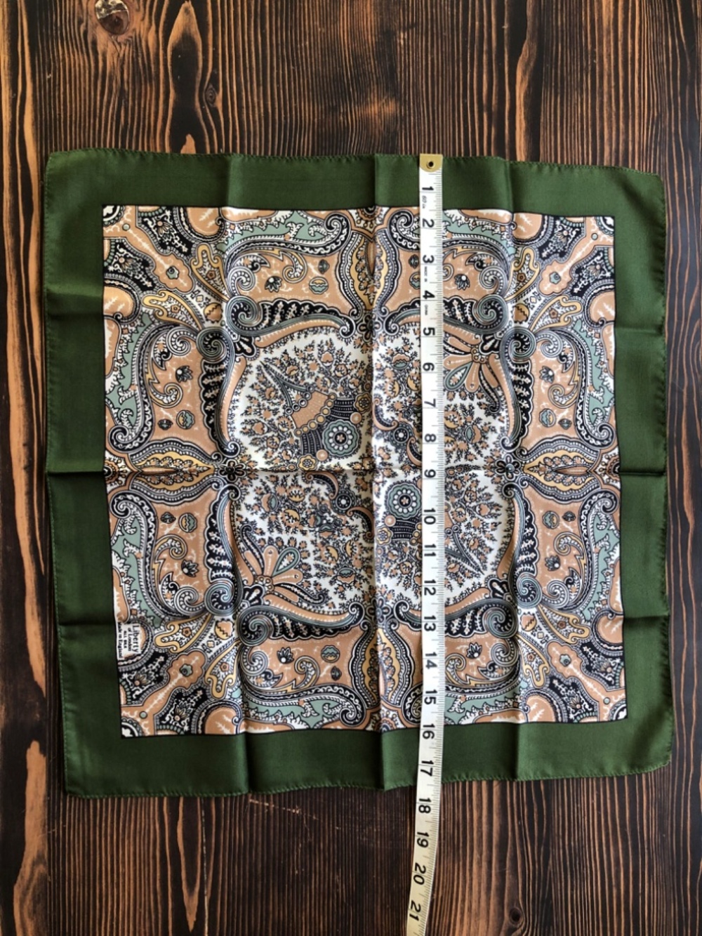 Green Cream Silk Scarf 17 Inches Square by London of Liberty - Picture 7 of 12